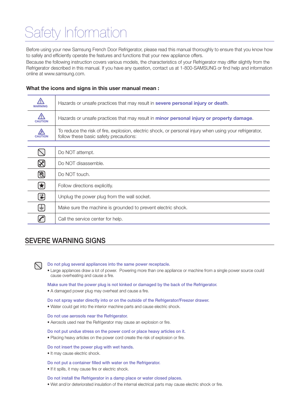Safety information, Severe warning signs | Samsung RF265ABPN-XAA User Manual | Page 2 / 9