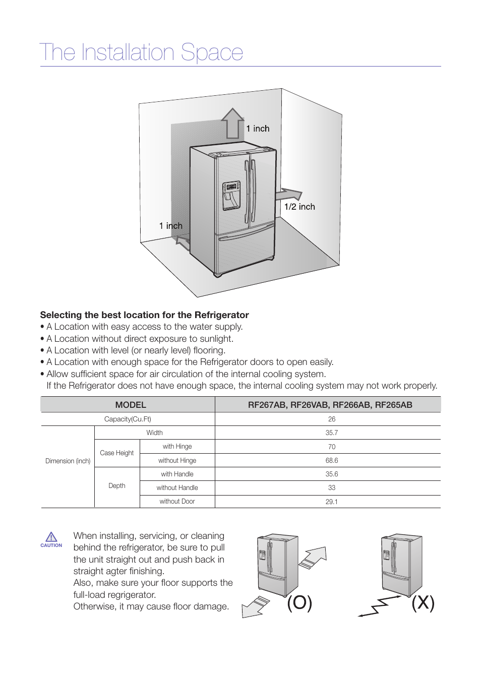 The installation space | Samsung RF265ABPN-XAA User Manual | Page 5 / 9