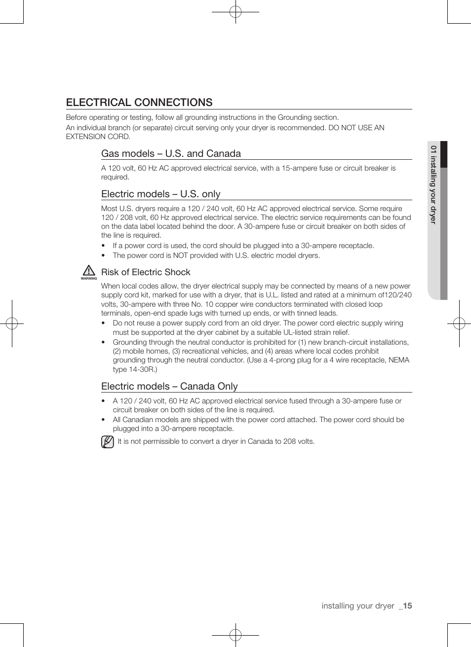 Electrical connections, Gas models – u.s. and canada, Electric models – u.s. only | Electric models – canada only | Samsung DV422EWHDWR-AA User Manual | Page 15 / 120