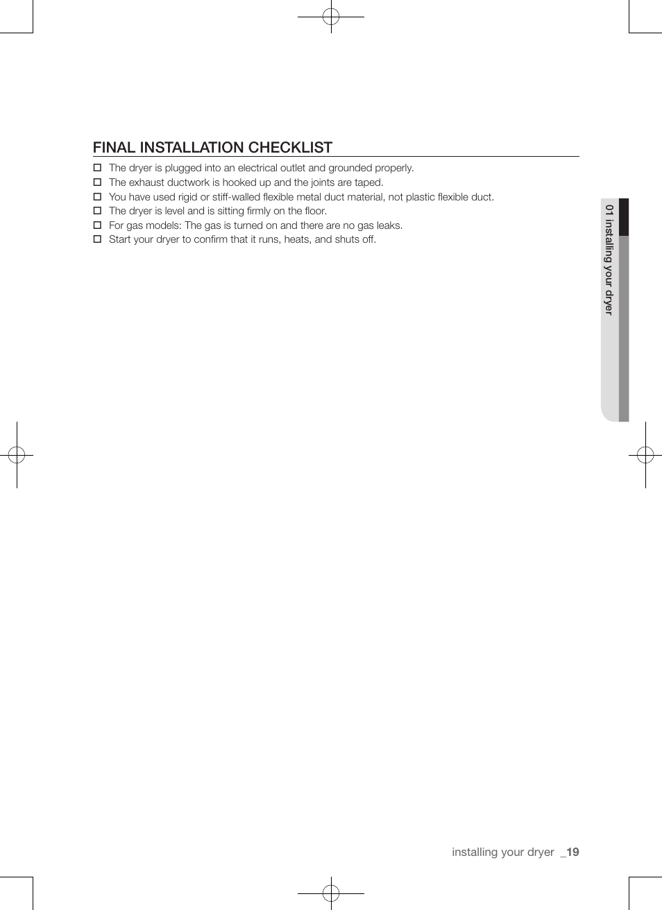 Final installation checklist | Samsung DV422EWHDWR-AA User Manual | Page 19 / 120