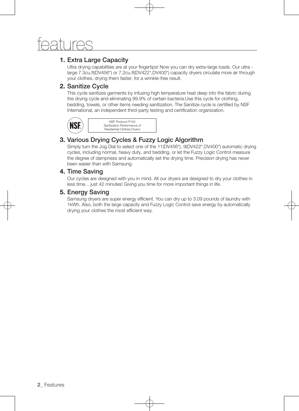 Features, Extra large capacity, Sanitize cycle | Various drying cycles & fuzzy logic algorithm, Time saving, Energy saving | Samsung DV422EWHDWR-AA User Manual | Page 2 / 120