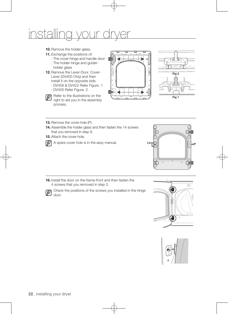 Installing your dryer | Samsung DV422EWHDWR-AA User Manual | Page 22 / 120