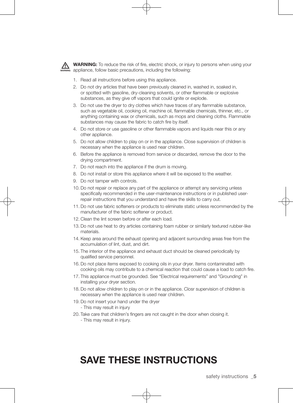 Save these instructions | Samsung DV422EWHDWR-AA User Manual | Page 5 / 120