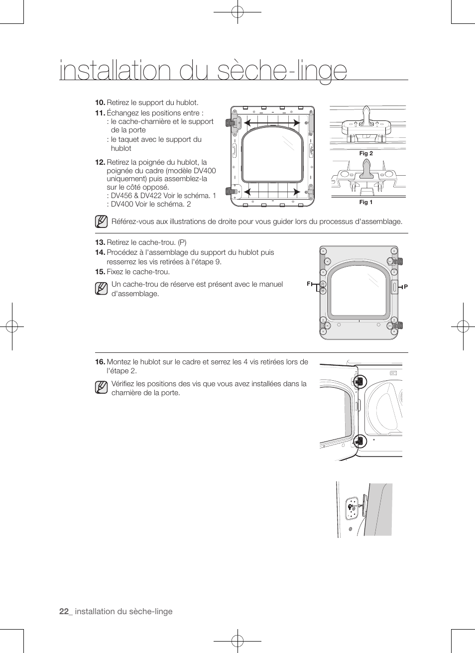 Installation du sèche-linge | Samsung DV422EWHDWR-AA User Manual | Page 62 / 120