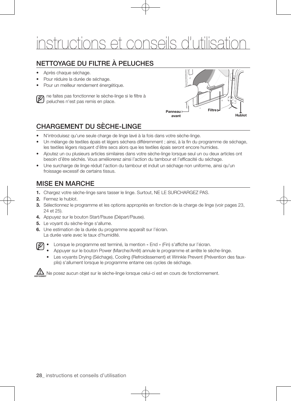 Instructions et conseils d’utilisation, Nettoyage du filtre à peluches, Chargement du sèche-linge | Mise en marche | Samsung DV422EWHDWR-AA User Manual | Page 68 / 120