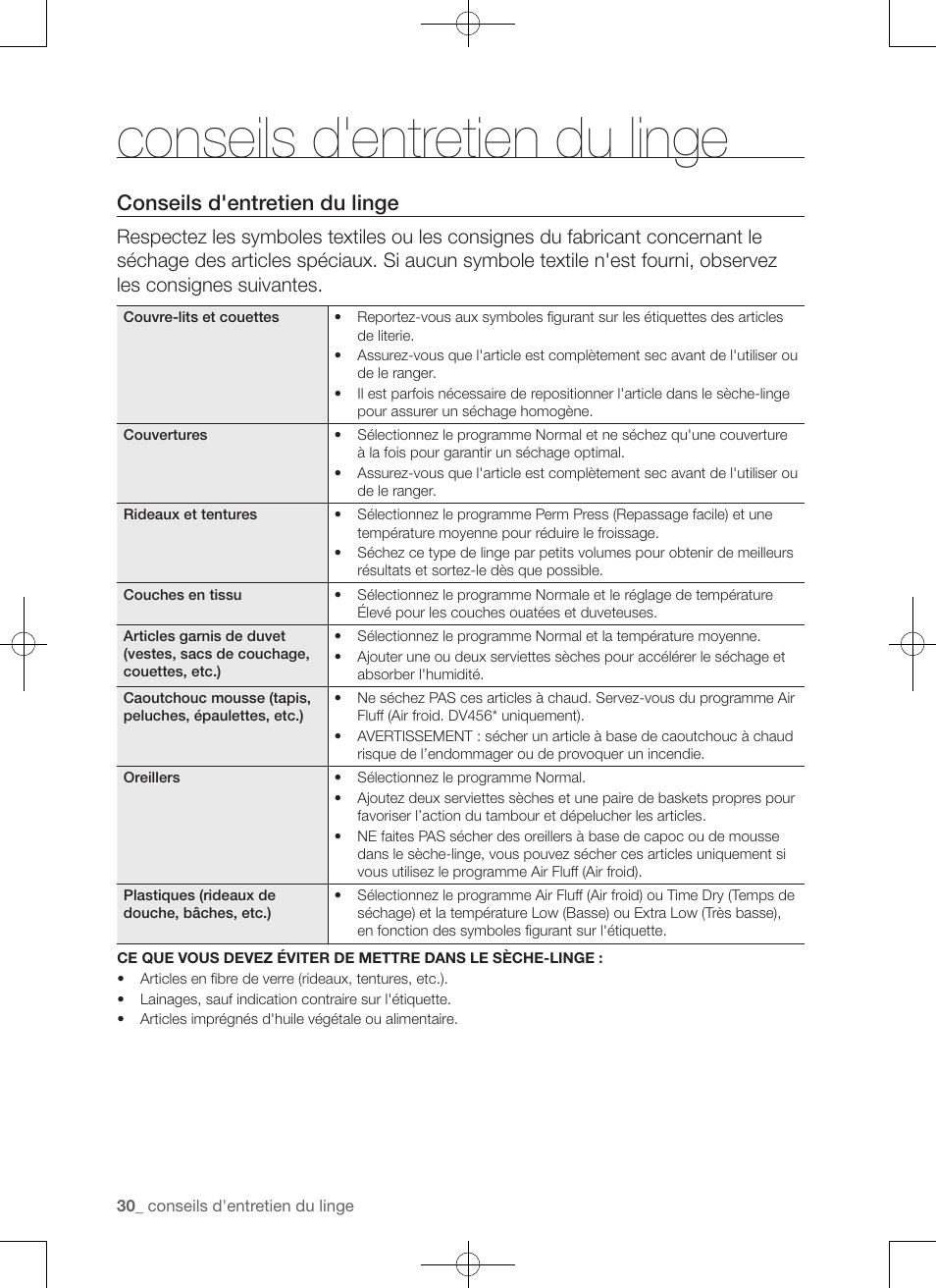 Conseils d'entretien du linge | Samsung DV422EWHDWR-AA User Manual | Page 70 / 120