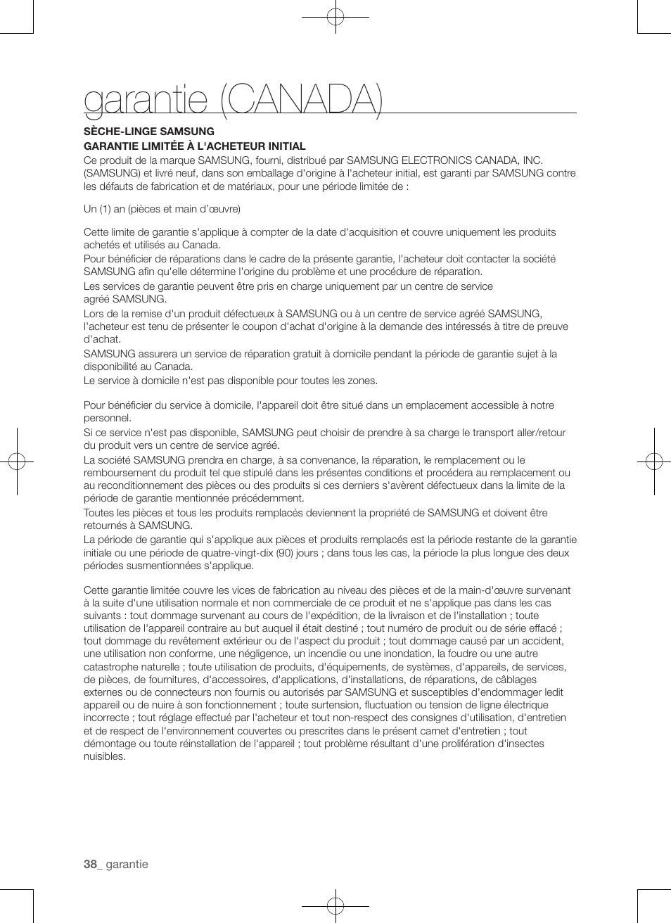 Garantie (canada) | Samsung DV422EWHDWR-AA User Manual | Page 78 / 120