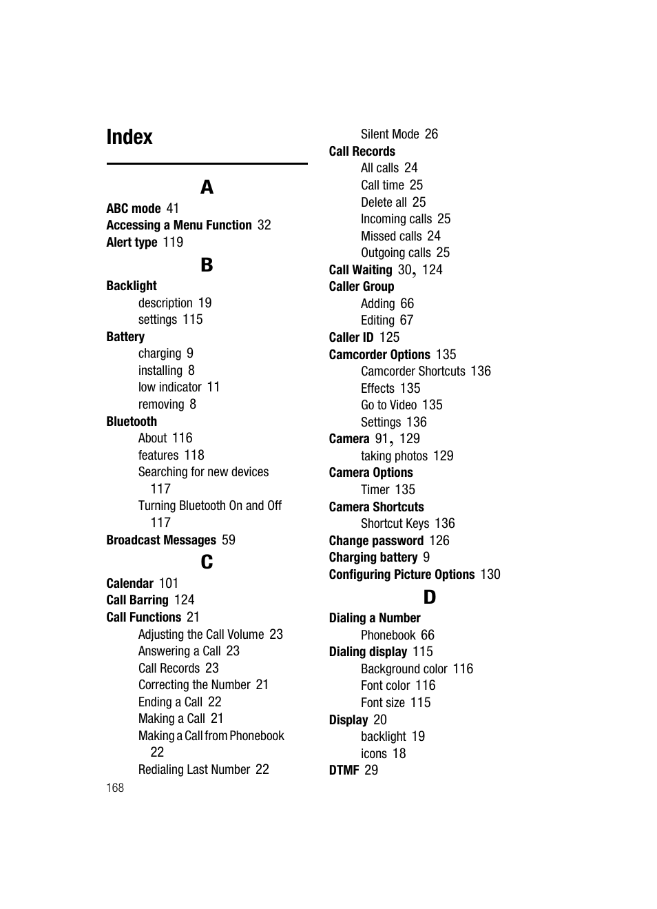 Index | Samsung SGH-T439ZBATMB User Manual | Page 168 / 171