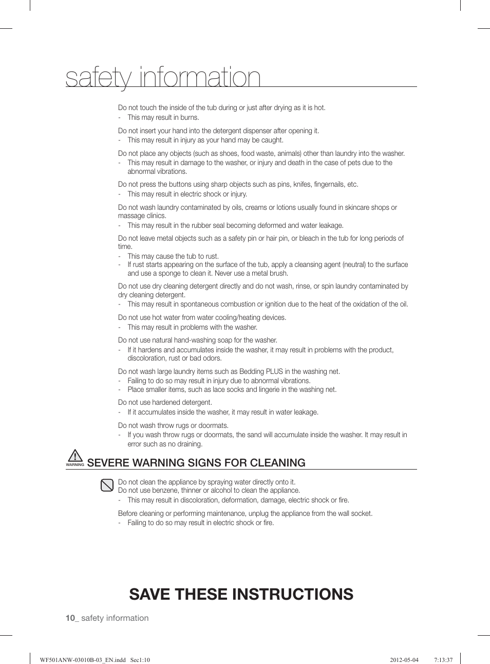 Safety information, Save these instructions, Severe warning signs for cleaning | Samsung WF501ANW-XAA User Manual | Page 10 / 132