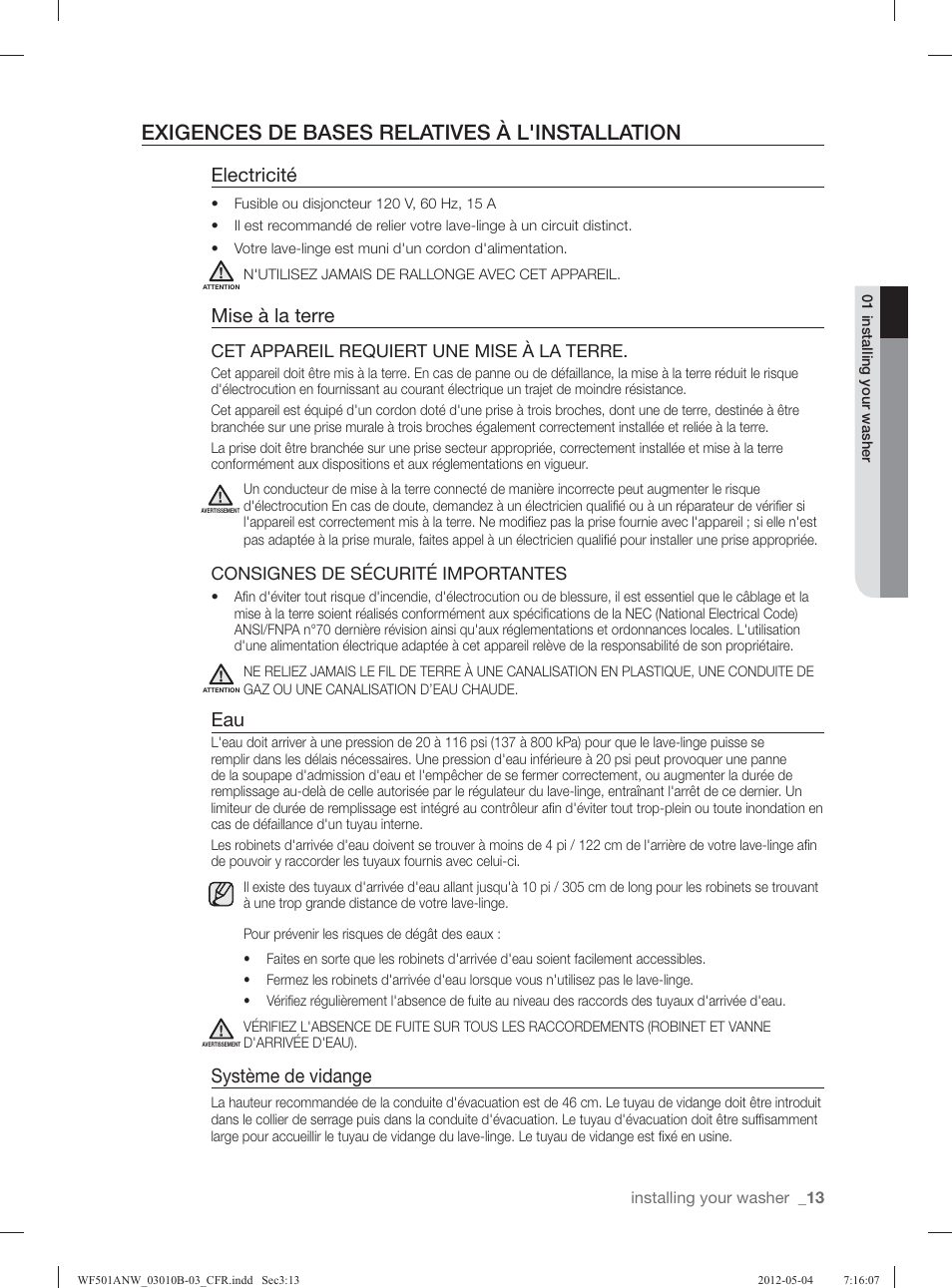 Exigences de bases relatives à l'installation, Electricité, Mise à la terre | Système de vidange | Samsung WF501ANW-XAA User Manual | Page 101 / 132