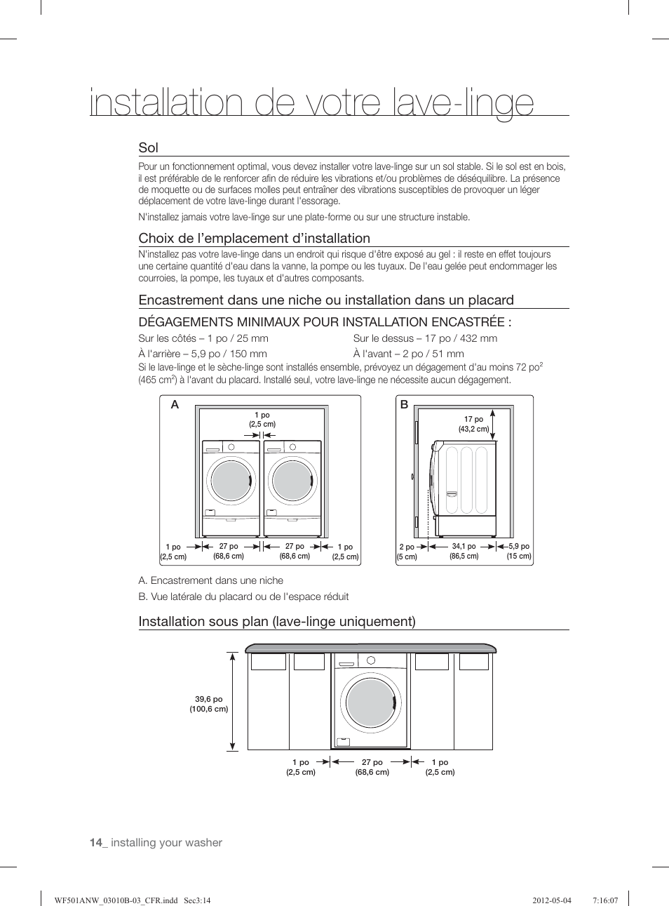 Installation de votre lave-linge, Choix de l’emplacement d’installation, Installation sous plan (lave-linge uniquement) | Dégagements minimaux pour installation encastrée | Samsung WF501ANW-XAA User Manual | Page 102 / 132