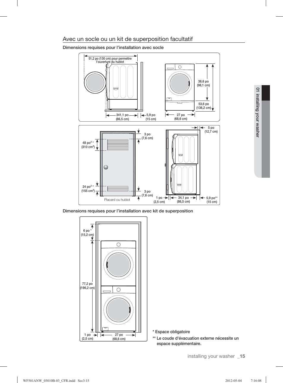 Installing your washer | Samsung WF501ANW-XAA User Manual | Page 103 / 132