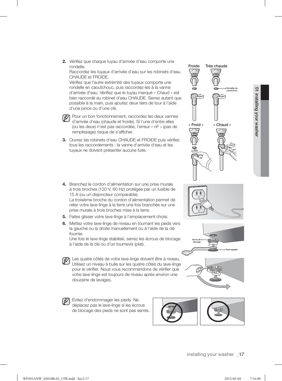 Installing your washer | Samsung WF501ANW-XAA User Manual | Page 105 / 132
