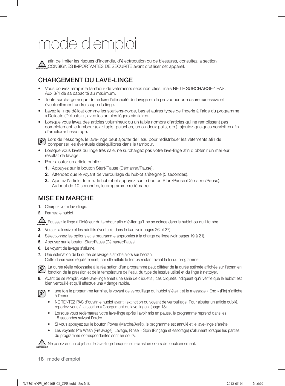 Mode d'emploi, Chargement du lave-linge, Mise en marche | Samsung WF501ANW-XAA User Manual | Page 106 / 132