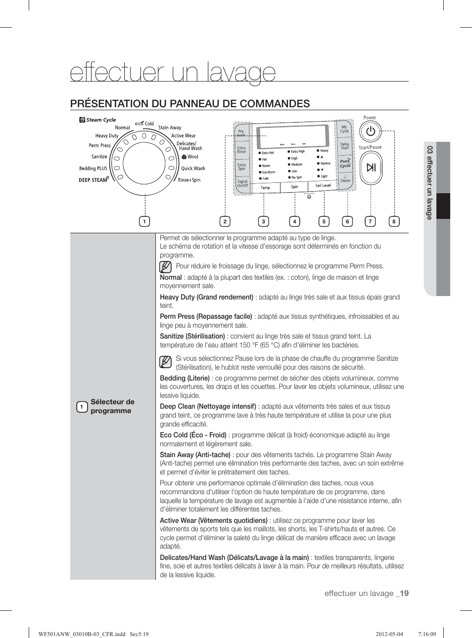 Eff ectuer un lavage, Présentation du panneau de commandes | Samsung WF501ANW-XAA User Manual | Page 107 / 132