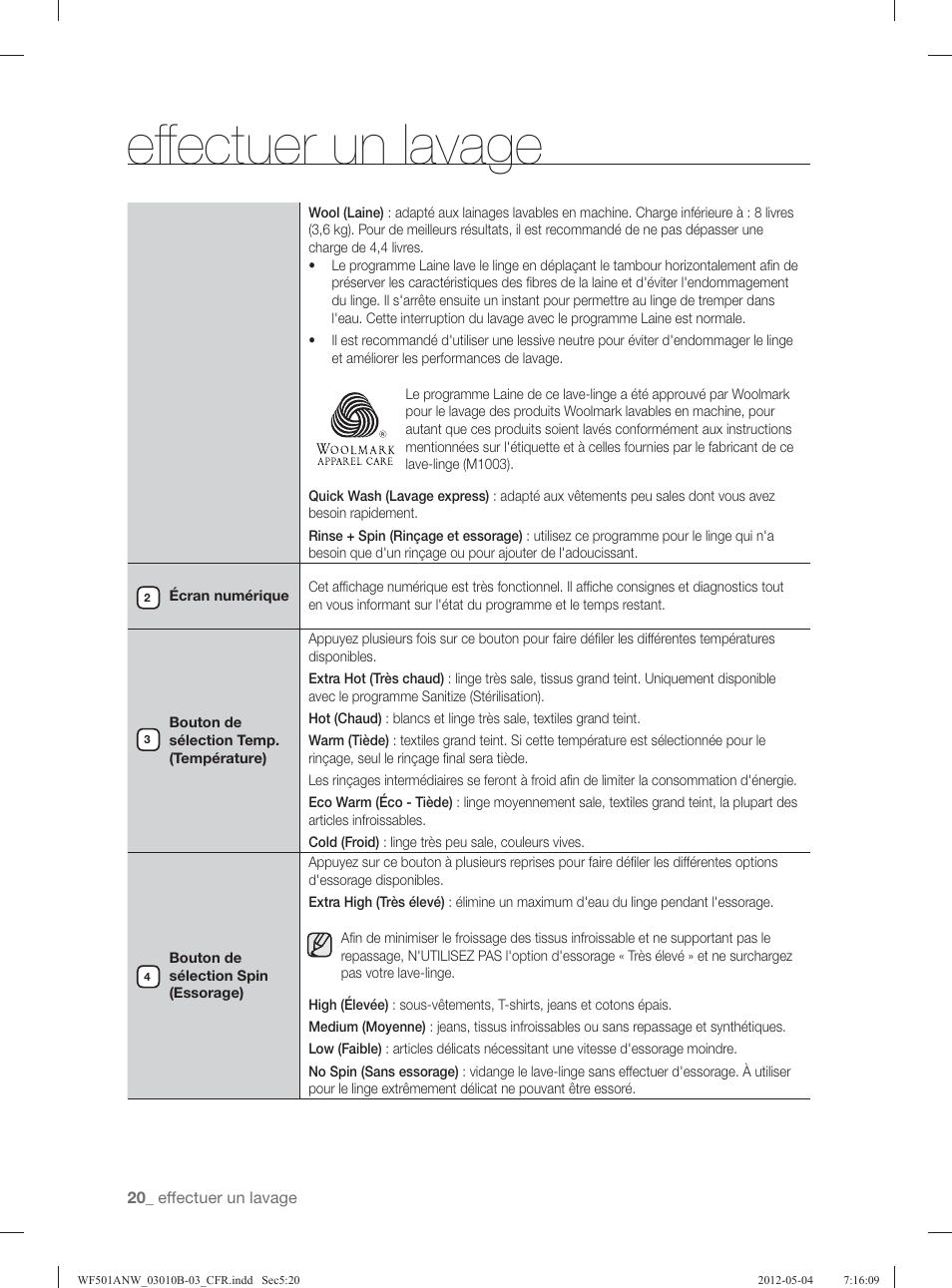 Eff ectuer un lavage | Samsung WF501ANW-XAA User Manual | Page 108 / 132