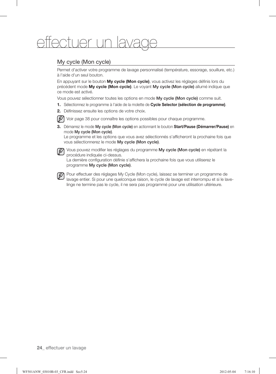Eff ectuer un lavage, My cycle (mon cycle) | Samsung WF501ANW-XAA User Manual | Page 112 / 132