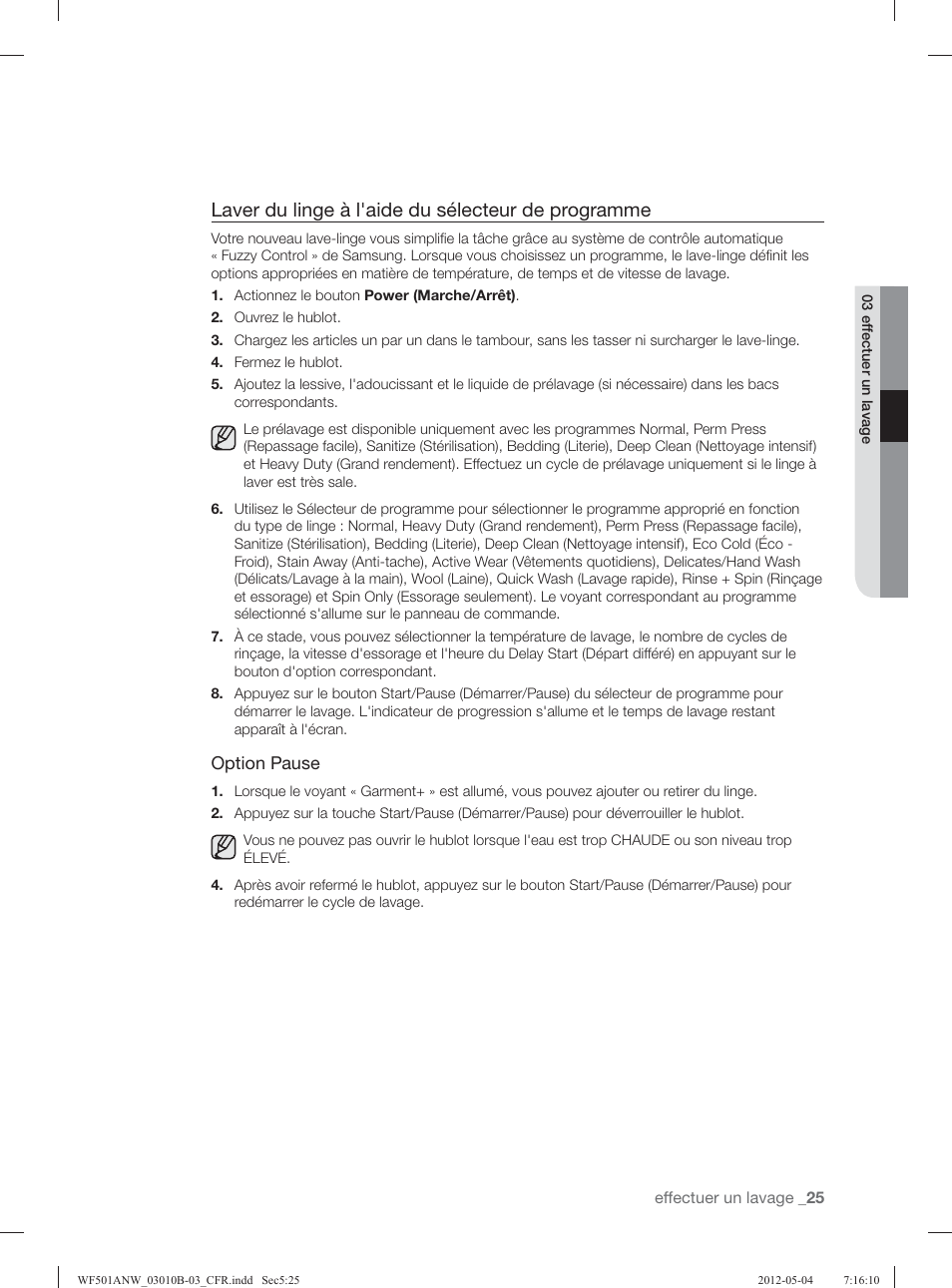 Laver du linge à l'aide du sélecteur de programme | Samsung WF501ANW-XAA User Manual | Page 113 / 132