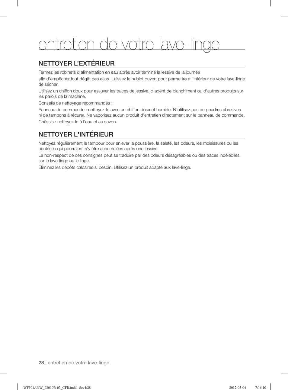 Entretien de votre lave-linge, Nettoyer l’extérieur, Nettoyer l'intérieur | Samsung WF501ANW-XAA User Manual | Page 116 / 132