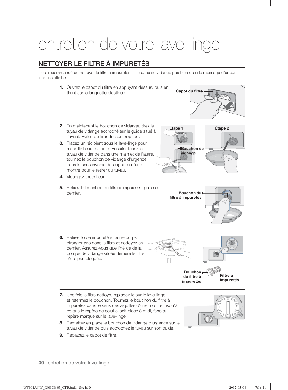 Entretien de votre lave-linge, Nettoyer le filtre à impuretés | Samsung WF501ANW-XAA User Manual | Page 118 / 132