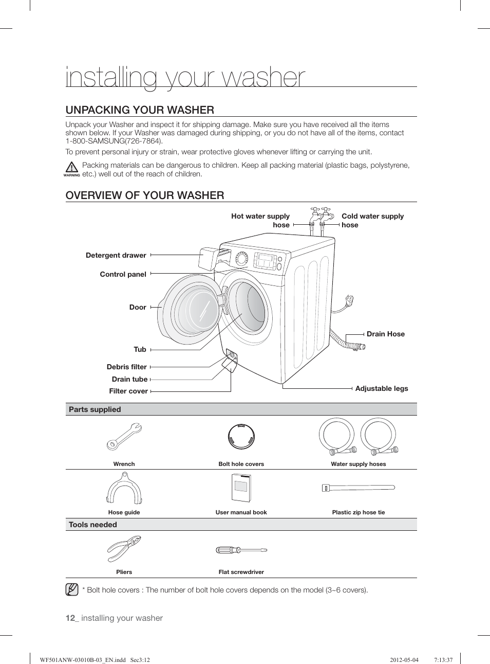 Installing your washer, Unpacking your washer, Overview of your washer | Samsung WF501ANW-XAA User Manual | Page 12 / 132