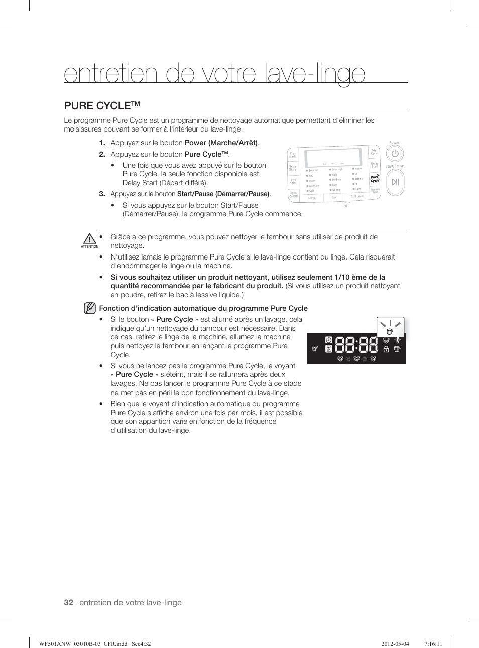 Entretien de votre lave-linge, Pure cycle | Samsung WF501ANW-XAA User Manual | Page 120 / 132