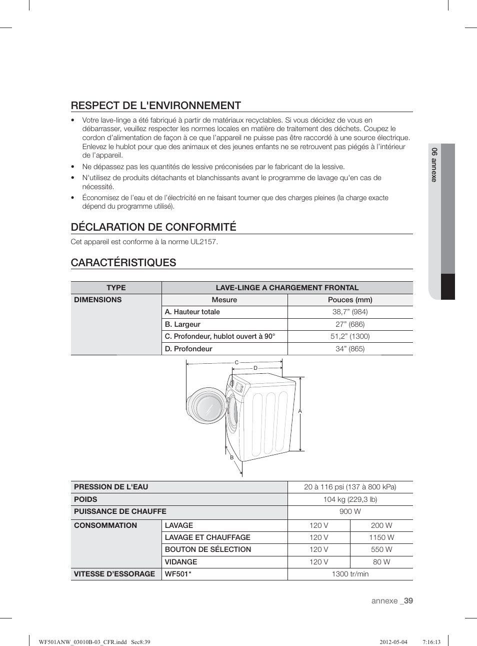 Respect de l'environnement, Déclaration de conformité, Caractéristiques | Samsung WF501ANW-XAA User Manual | Page 127 / 132