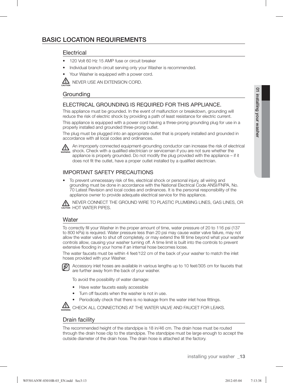 Basic location requirements, Electrical, Grounding | Water, Drain facility | Samsung WF501ANW-XAA User Manual | Page 13 / 132