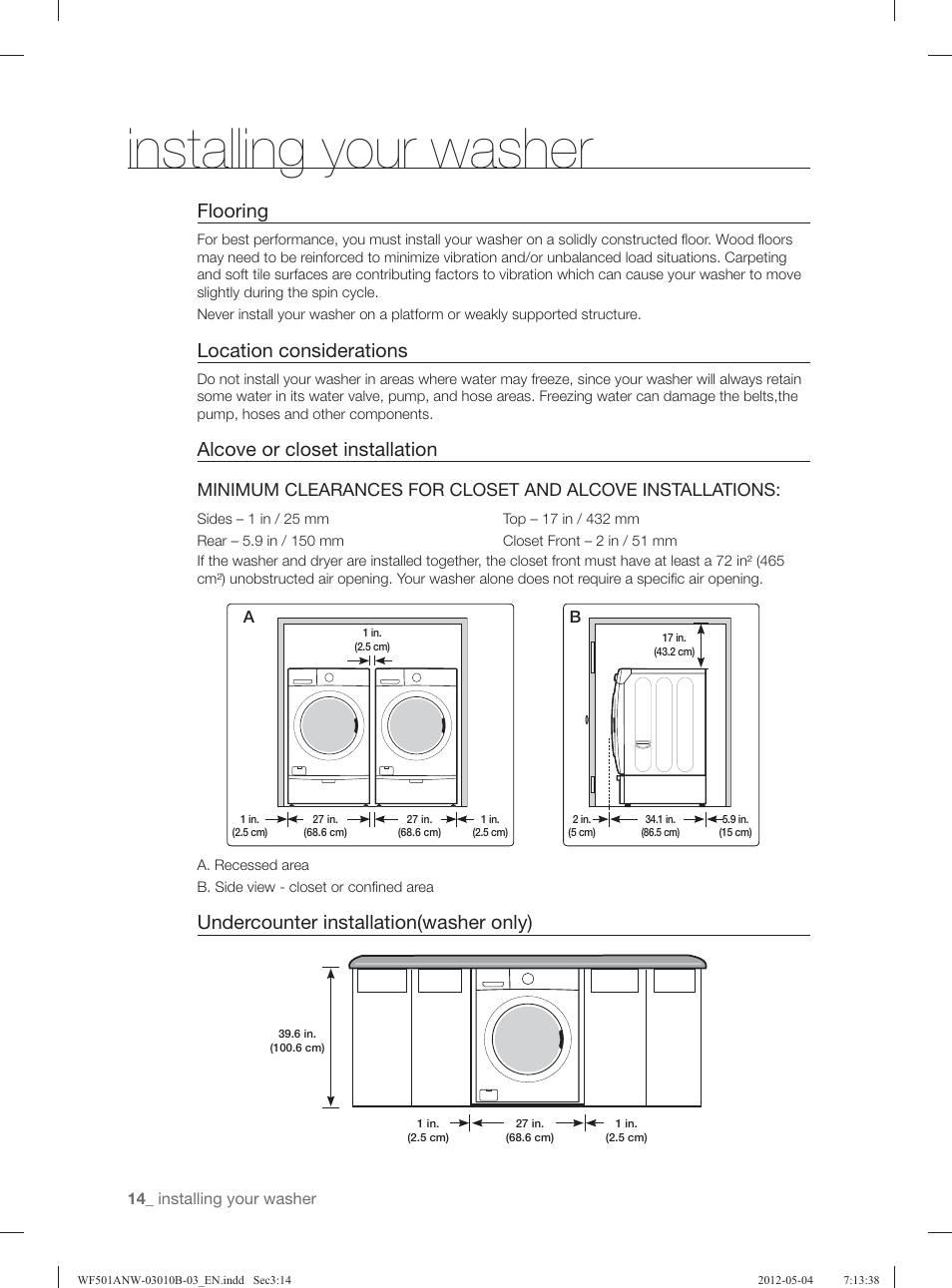 Installing your washer, Flooring, Location considerations | Alcove or closet installation, Undercounter installation(washer only) | Samsung WF501ANW-XAA User Manual | Page 14 / 132