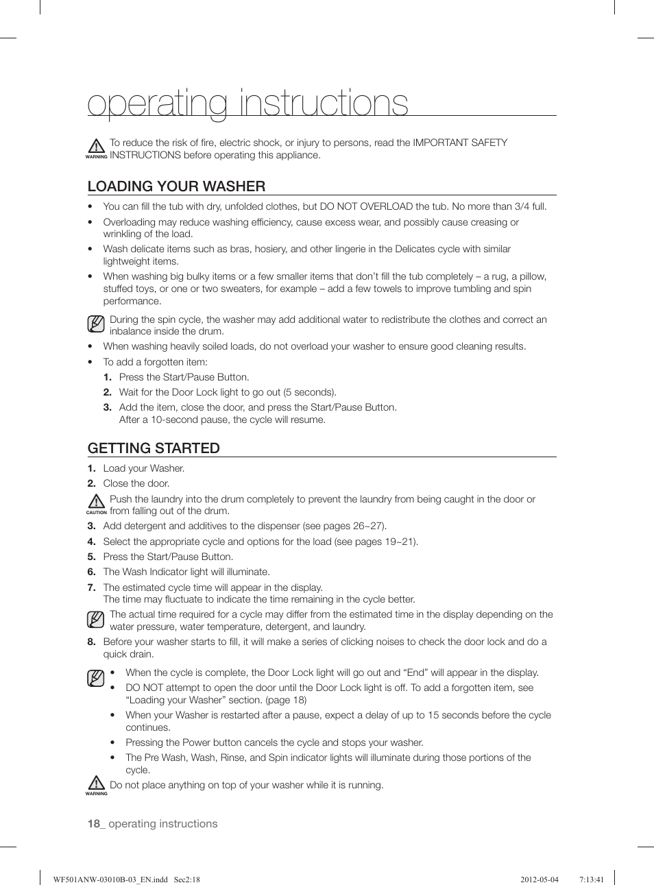 Operating instructions, Loading your washer, Getting started | Samsung WF501ANW-XAA User Manual | Page 18 / 132