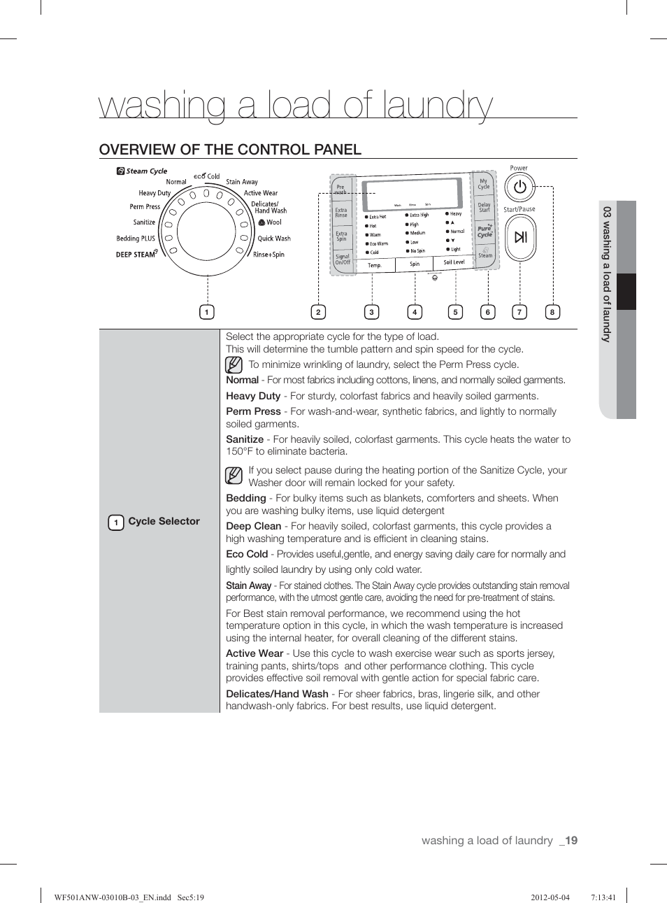 Washing a load of laundry, Overview of the control panel | Samsung WF501ANW-XAA User Manual | Page 19 / 132