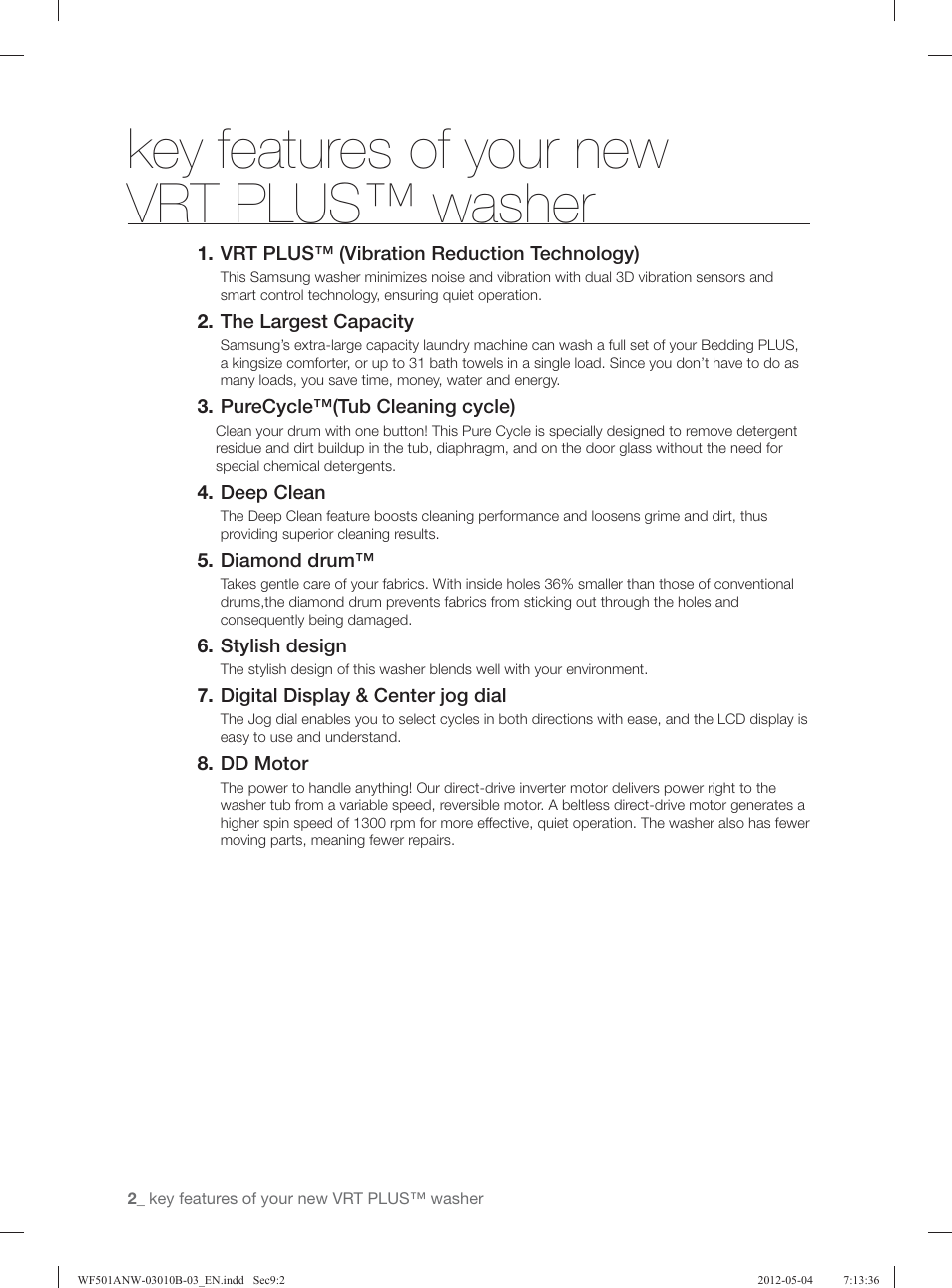 Key features of your new vrt plus™ washer | Samsung WF501ANW-XAA User Manual | Page 2 / 132