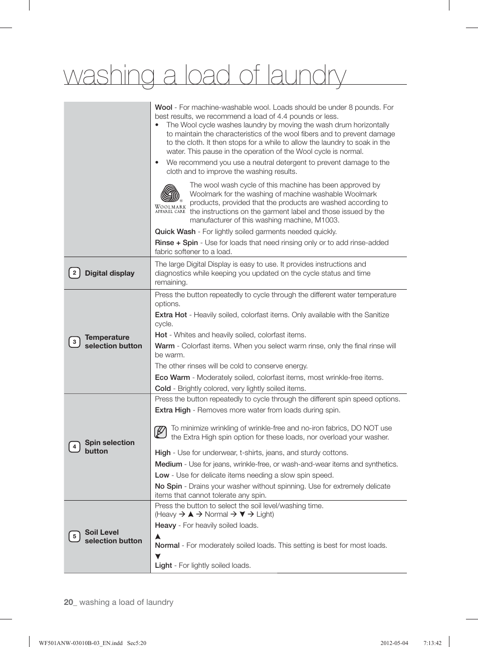 Washing a load of laundry | Samsung WF501ANW-XAA User Manual | Page 20 / 132