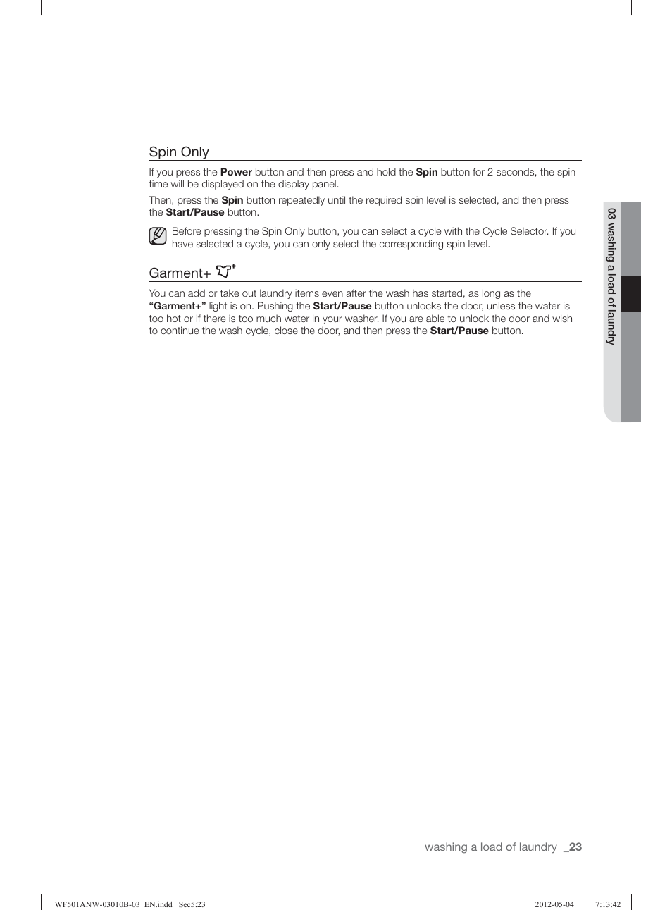 Spin only, Garment | Samsung WF501ANW-XAA User Manual | Page 23 / 132