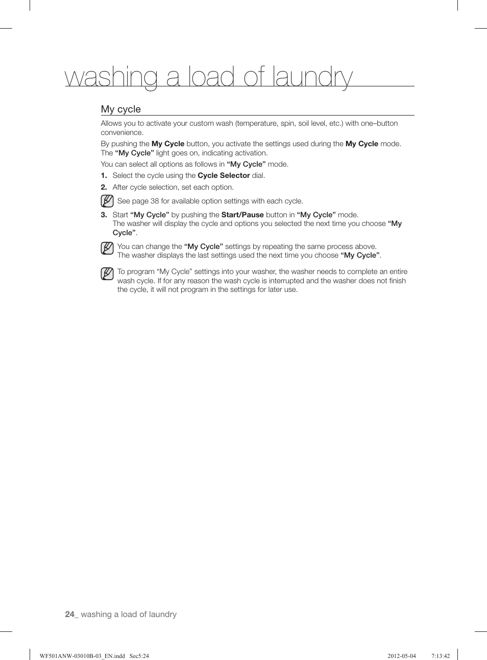 Washing a load of laundry, My cycle | Samsung WF501ANW-XAA User Manual | Page 24 / 132