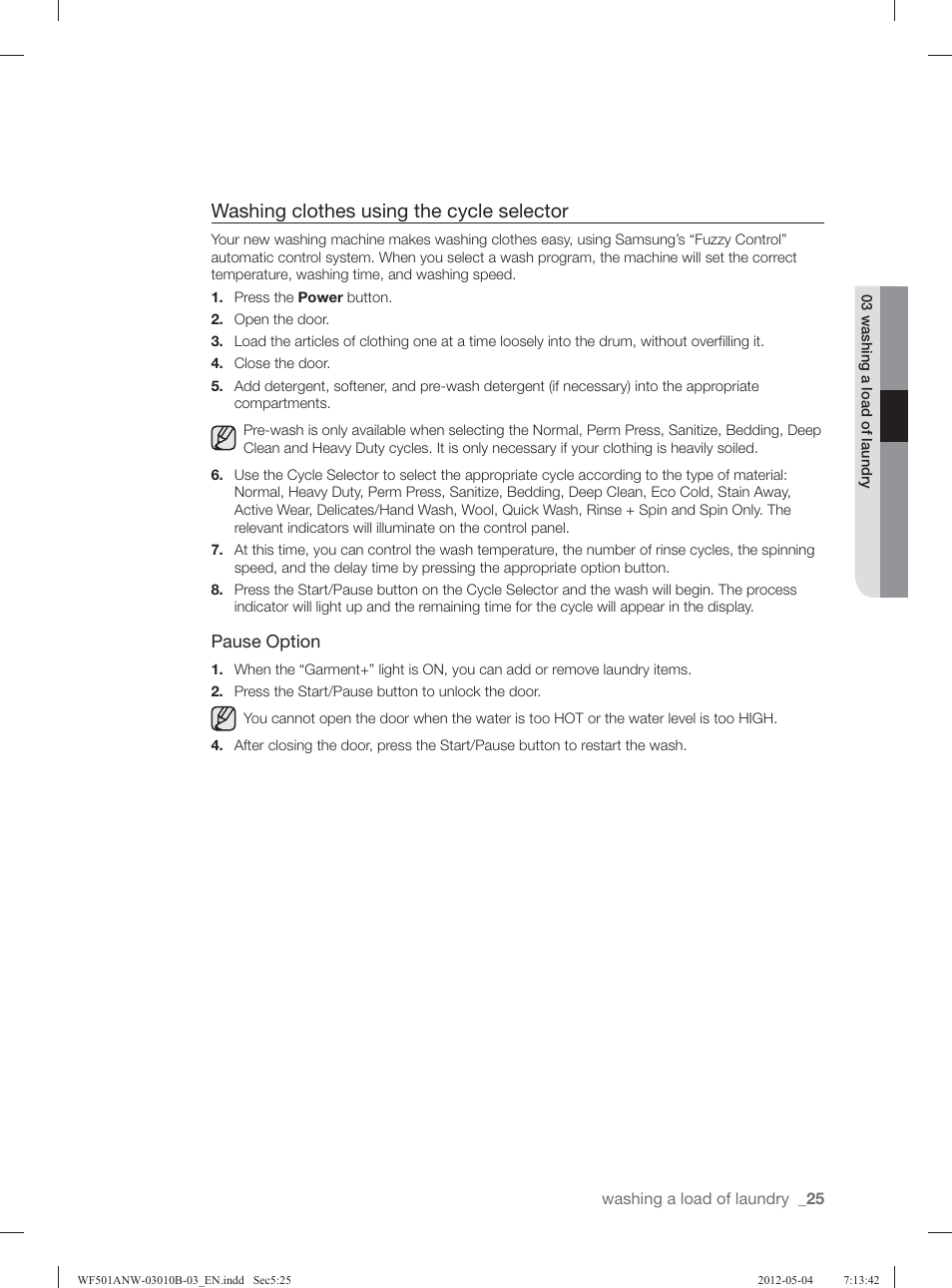 Washing clothes using the cycle selector | Samsung WF501ANW-XAA User Manual | Page 25 / 132