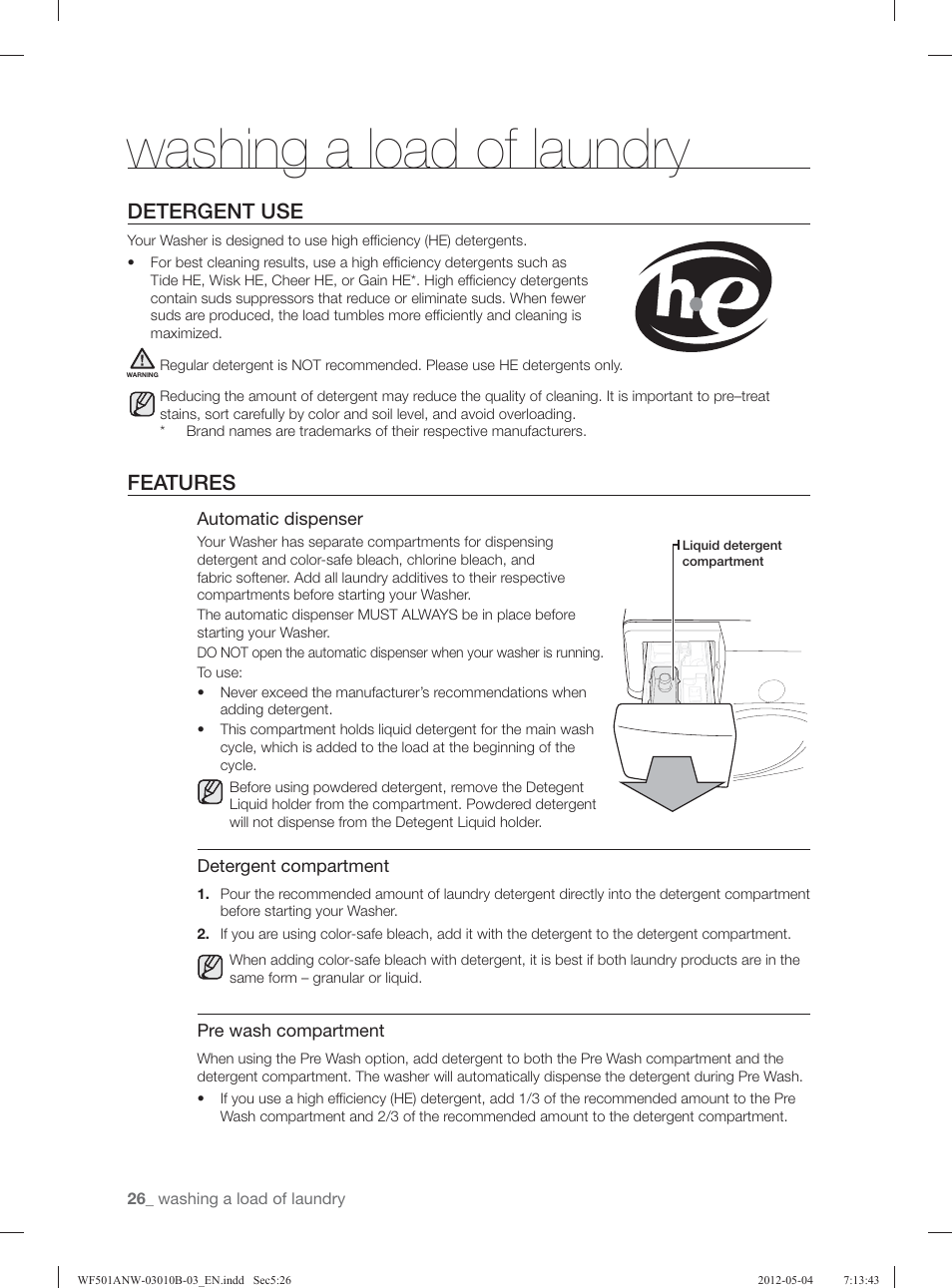 Washing a load of laundry, Detergent use, Features | Samsung WF501ANW-XAA User Manual | Page 26 / 132