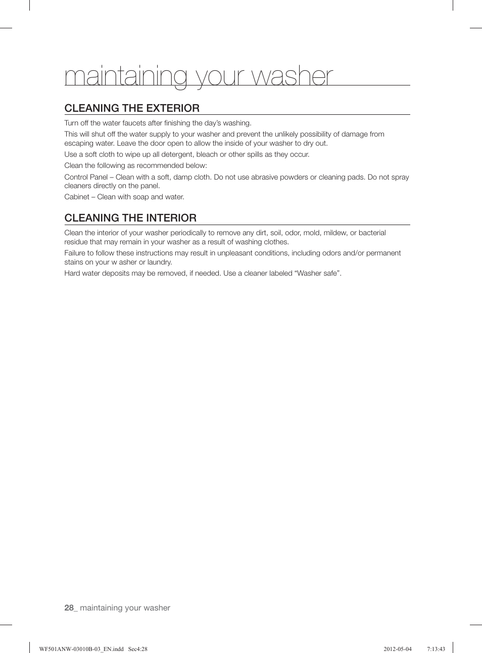 Maintaining your washer, Cleaning the exterior, Cleaning the interior | Samsung WF501ANW-XAA User Manual | Page 28 / 132