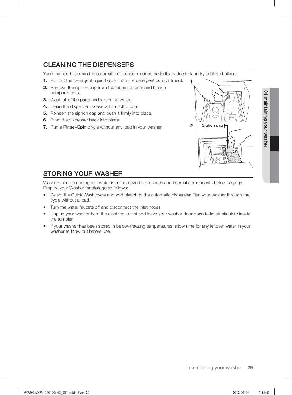 Cleaning the dispensers, Storing your washer | Samsung WF501ANW-XAA User Manual | Page 29 / 132