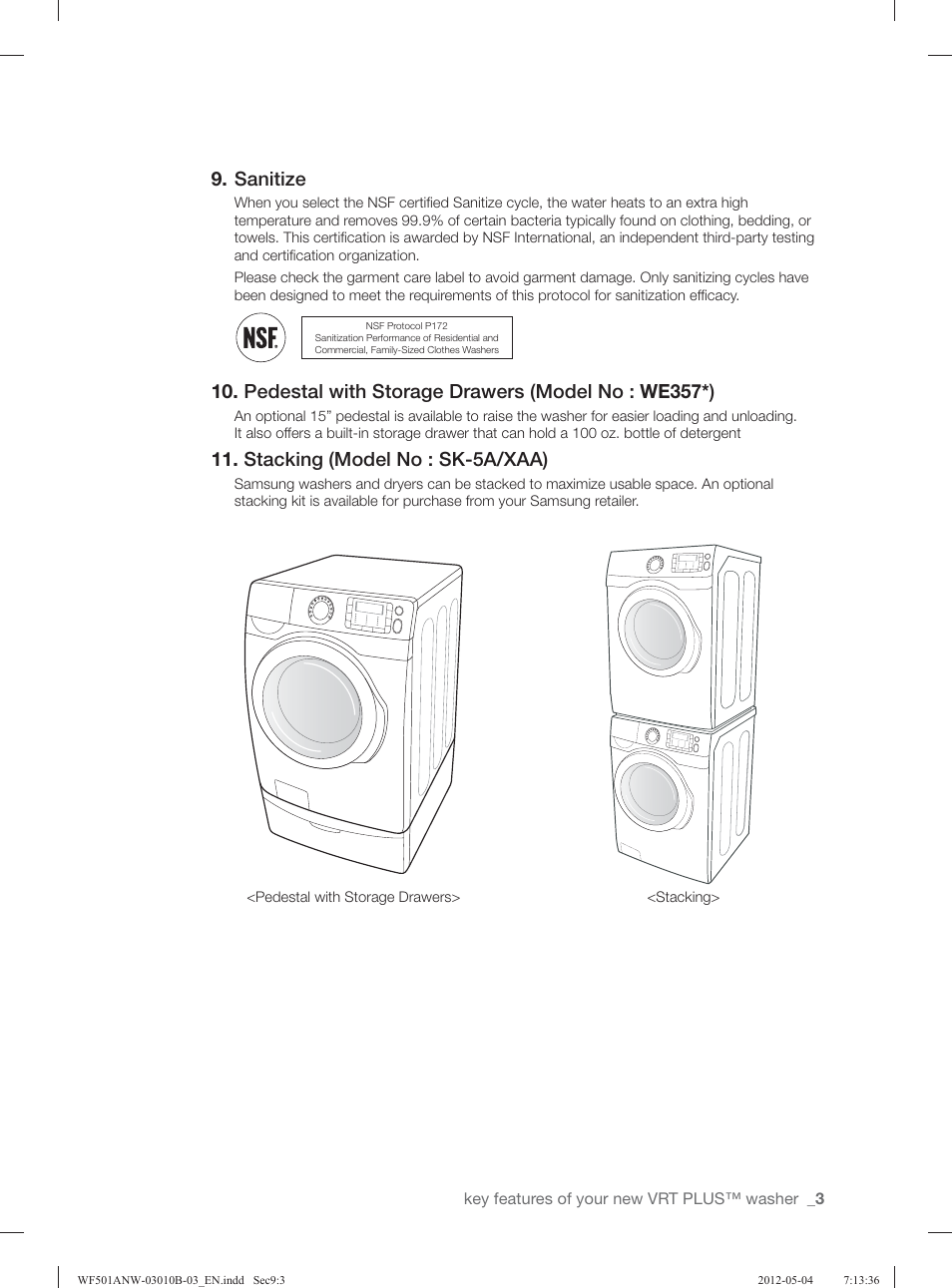 Sanitize, Pedestal with storage drawers (model no : we357*), Stacking (model no : sk-5a/xaa) | Samsung WF501ANW-XAA User Manual | Page 3 / 132