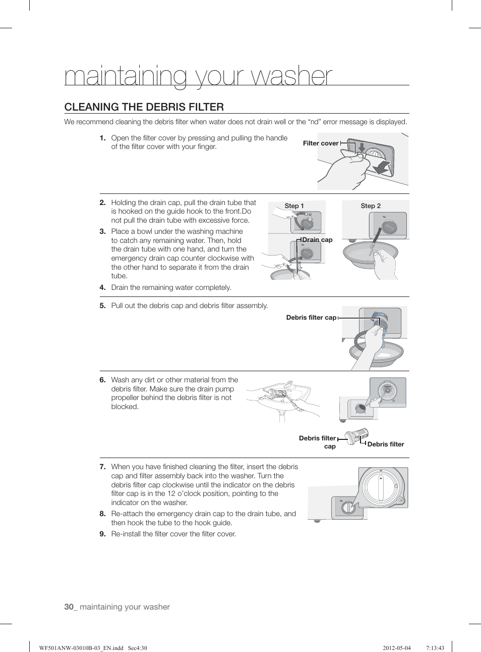 Maintaining your washer, Cleaning the debris filter | Samsung WF501ANW-XAA User Manual | Page 30 / 132