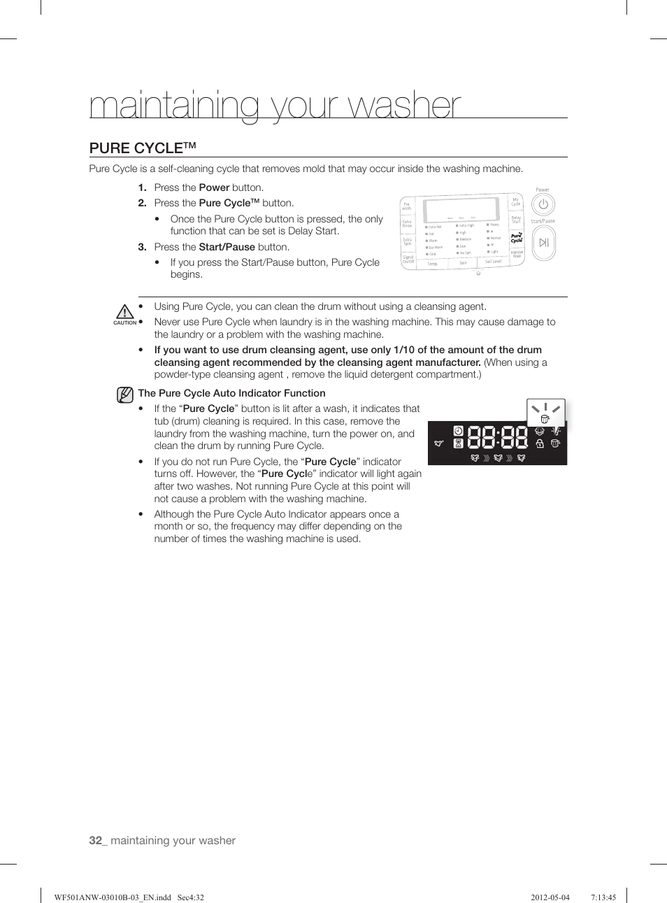 Maintaining your washer, Pure cycle | Samsung WF501ANW-XAA User Manual | Page 32 / 132