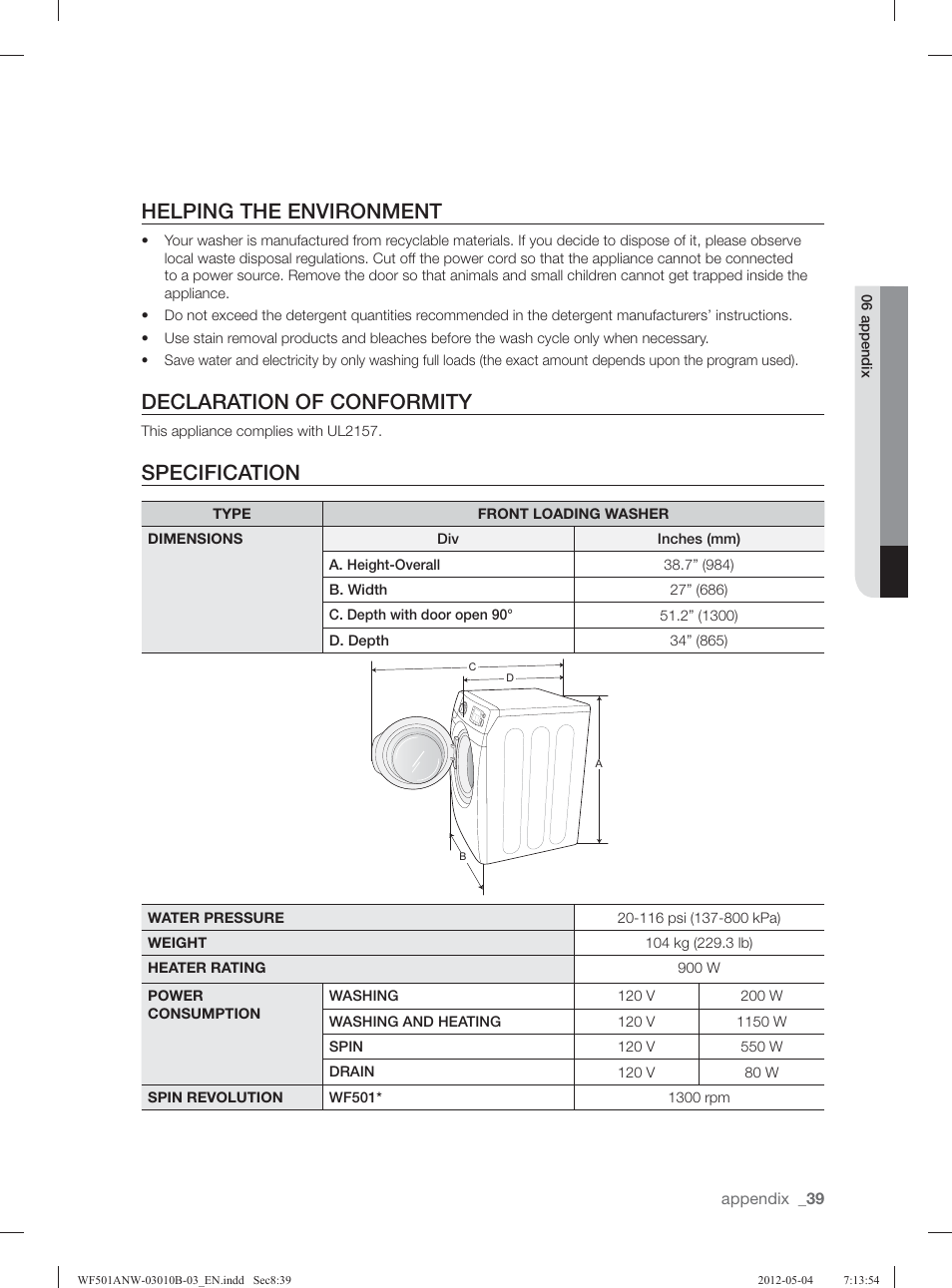 Helping the environment, Declaration of conformity, Specification | Samsung WF501ANW-XAA User Manual | Page 39 / 132