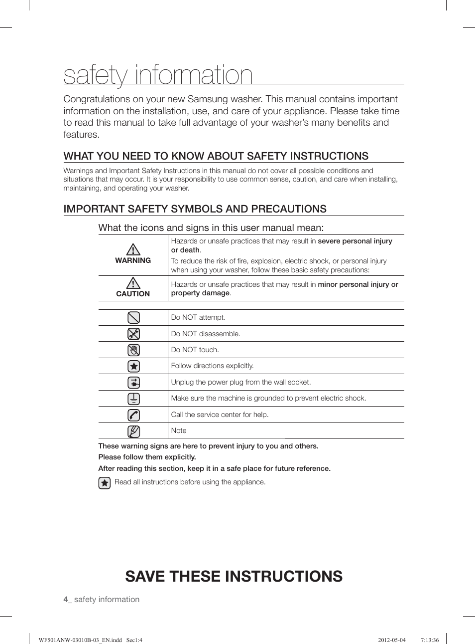 Safety information, Save these instructions, What you need to know about safety instructions | Important safety symbols and precautions | Samsung WF501ANW-XAA User Manual | Page 4 / 132