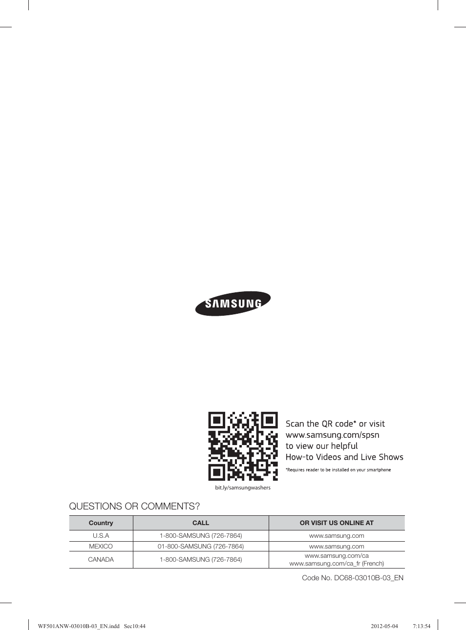 Questions or comments | Samsung WF501ANW-XAA User Manual | Page 44 / 132