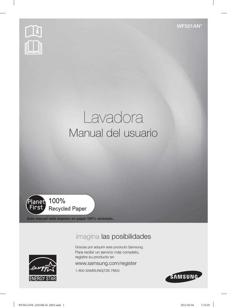 Lavadora, Manual del usuario, Imagina las posibilidades | Samsung WF501ANW-XAA User Manual | Page 45 / 132