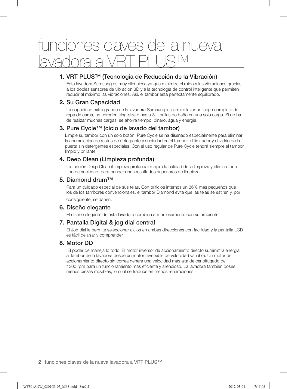 Funciones claves de la nueva lavadora a vrt plus | Samsung WF501ANW-XAA User Manual | Page 46 / 132