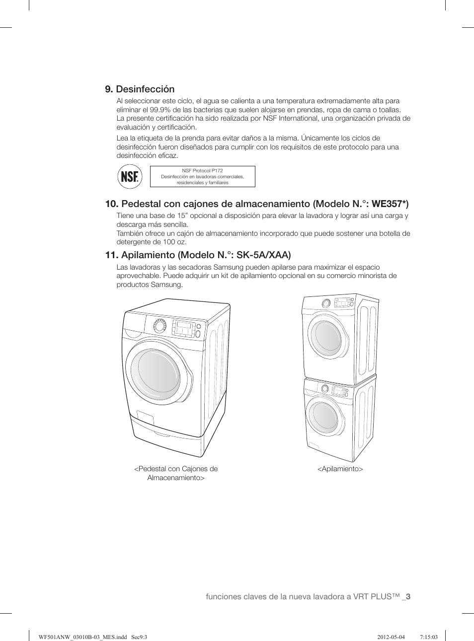 Desinfección, Apilamiento (modelo n.°: sk-5a/xaa) | Samsung WF501ANW-XAA User Manual | Page 47 / 132