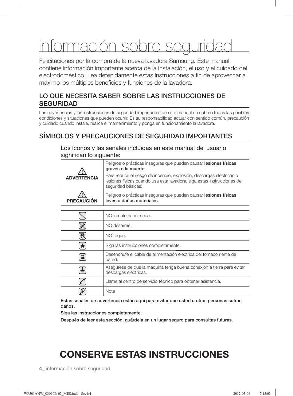 Información sobre seguridad, Conserve estas instrucciones, Símbolos y precauciones de seguridad importantes | Samsung WF501ANW-XAA User Manual | Page 48 / 132