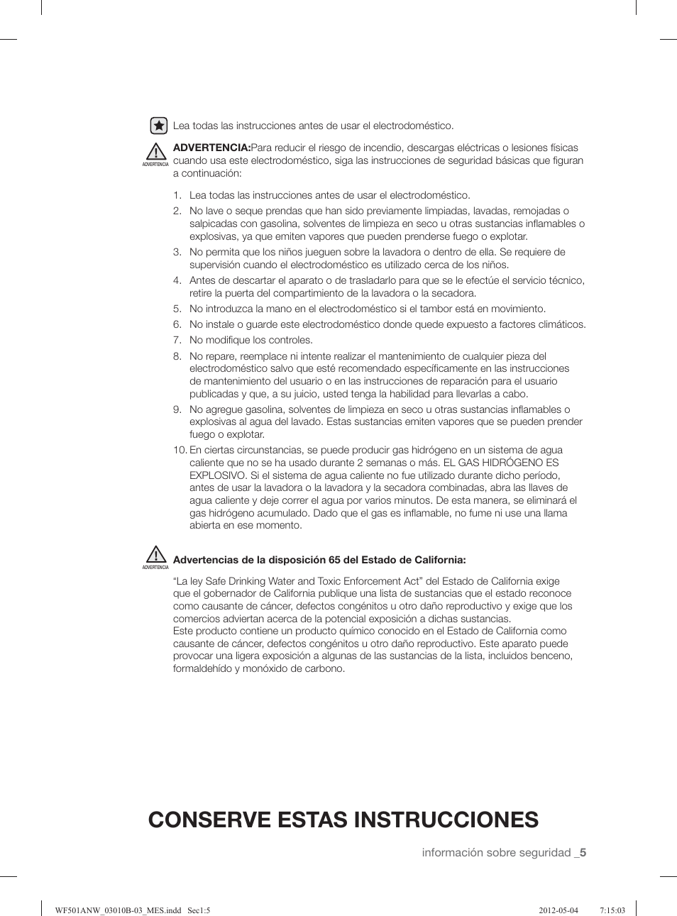 Conserve estas instrucciones | Samsung WF501ANW-XAA User Manual | Page 49 / 132